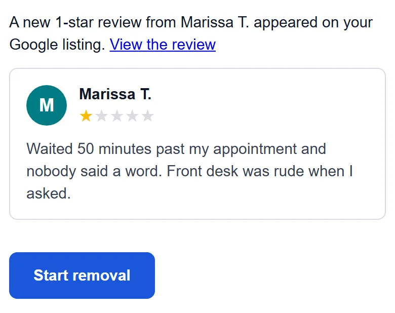 Sample alert email: a new 1 star review with a Start removal button