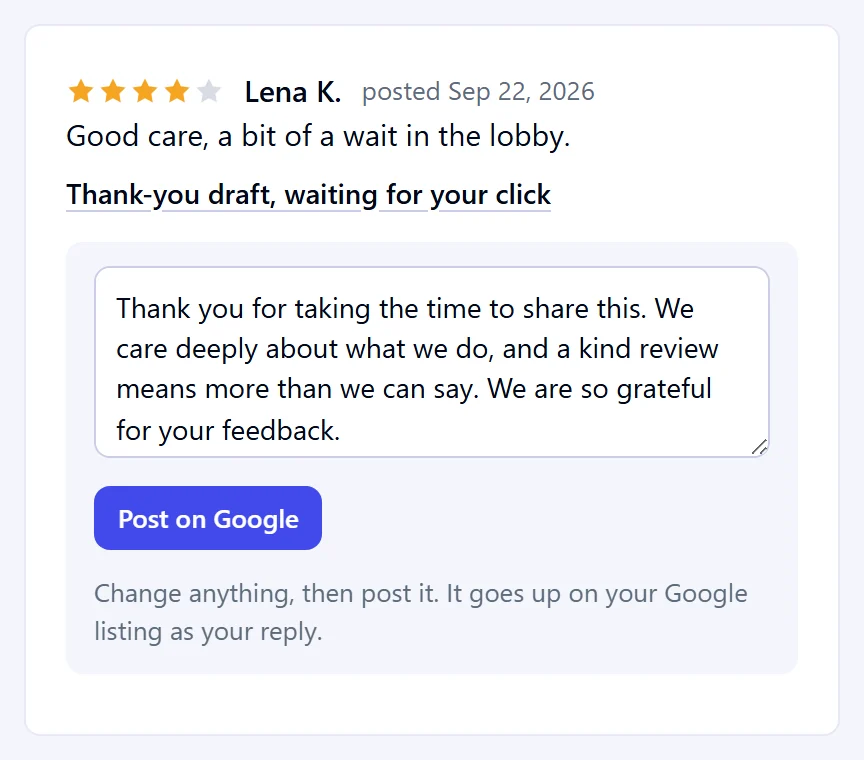 Sample reply: a thank-you draft for a 4 star review with a Post on Google button