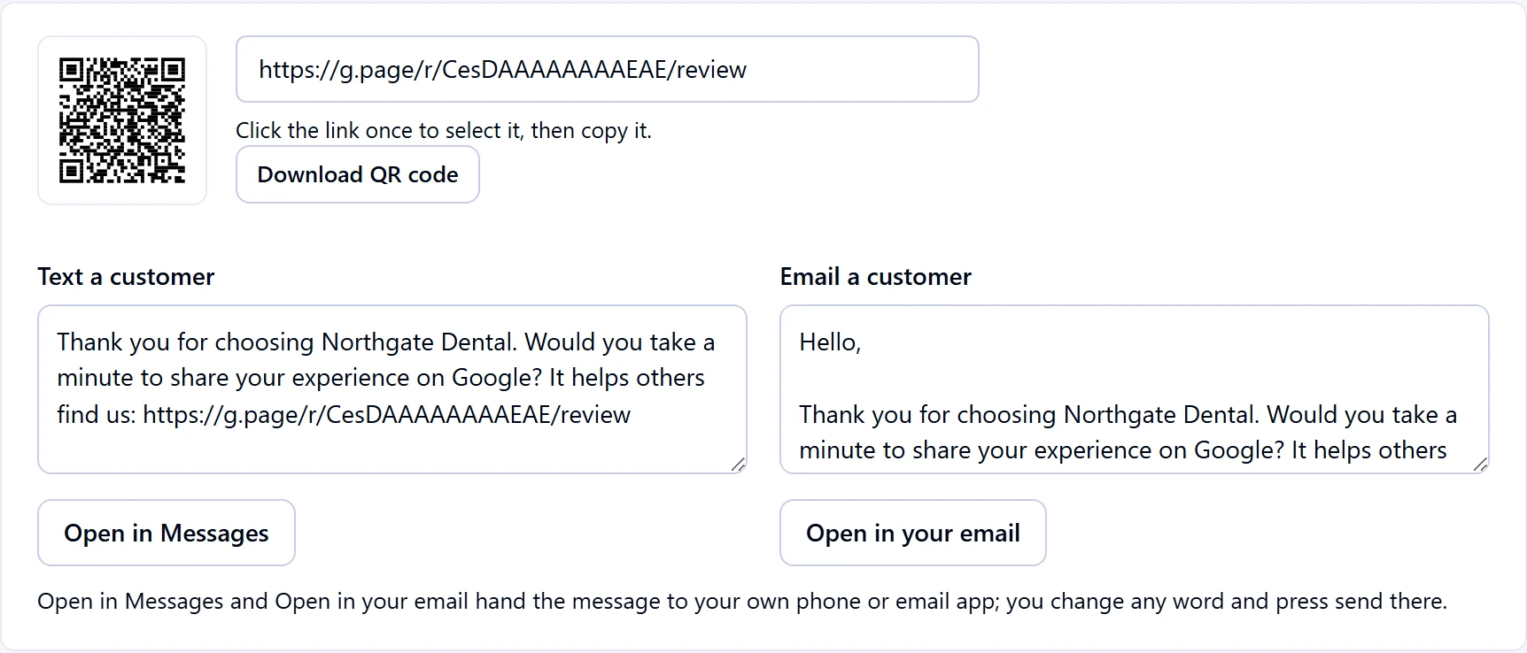 Sample review requests: a QR code, a review link, a ready to send text and a ready to send email